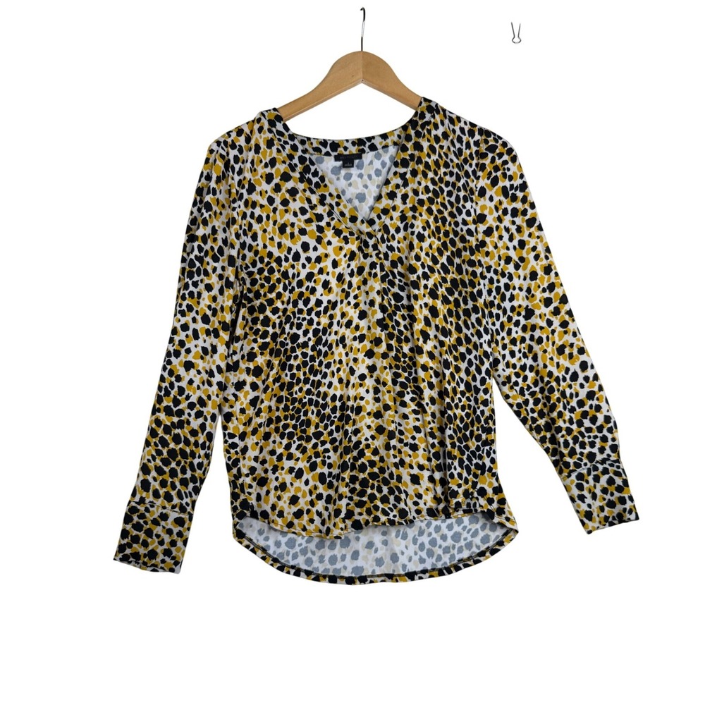 Ann Taylor Leopard Print V-neck‎ Long Sleeve Blouse size Small Black/Tan